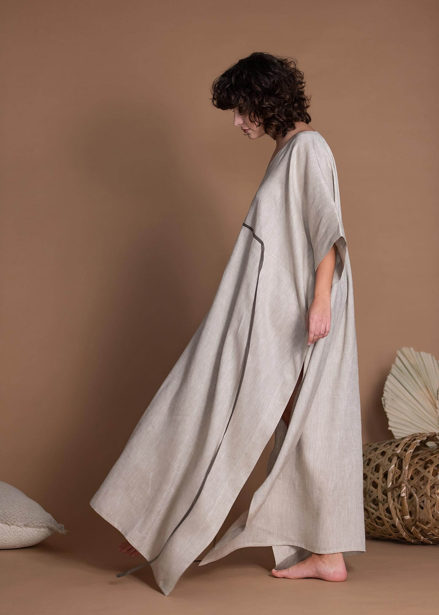 Light Natural Flax Loose Straight Cut Linen Dress With Half Sleeves