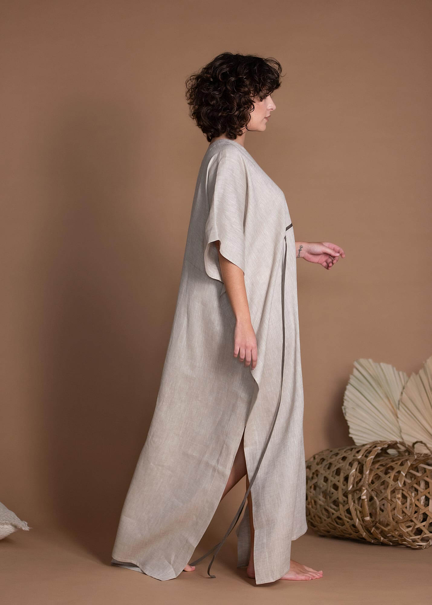 Light Natural Flax Loose Straight Cut Linen Dress With Side Slits