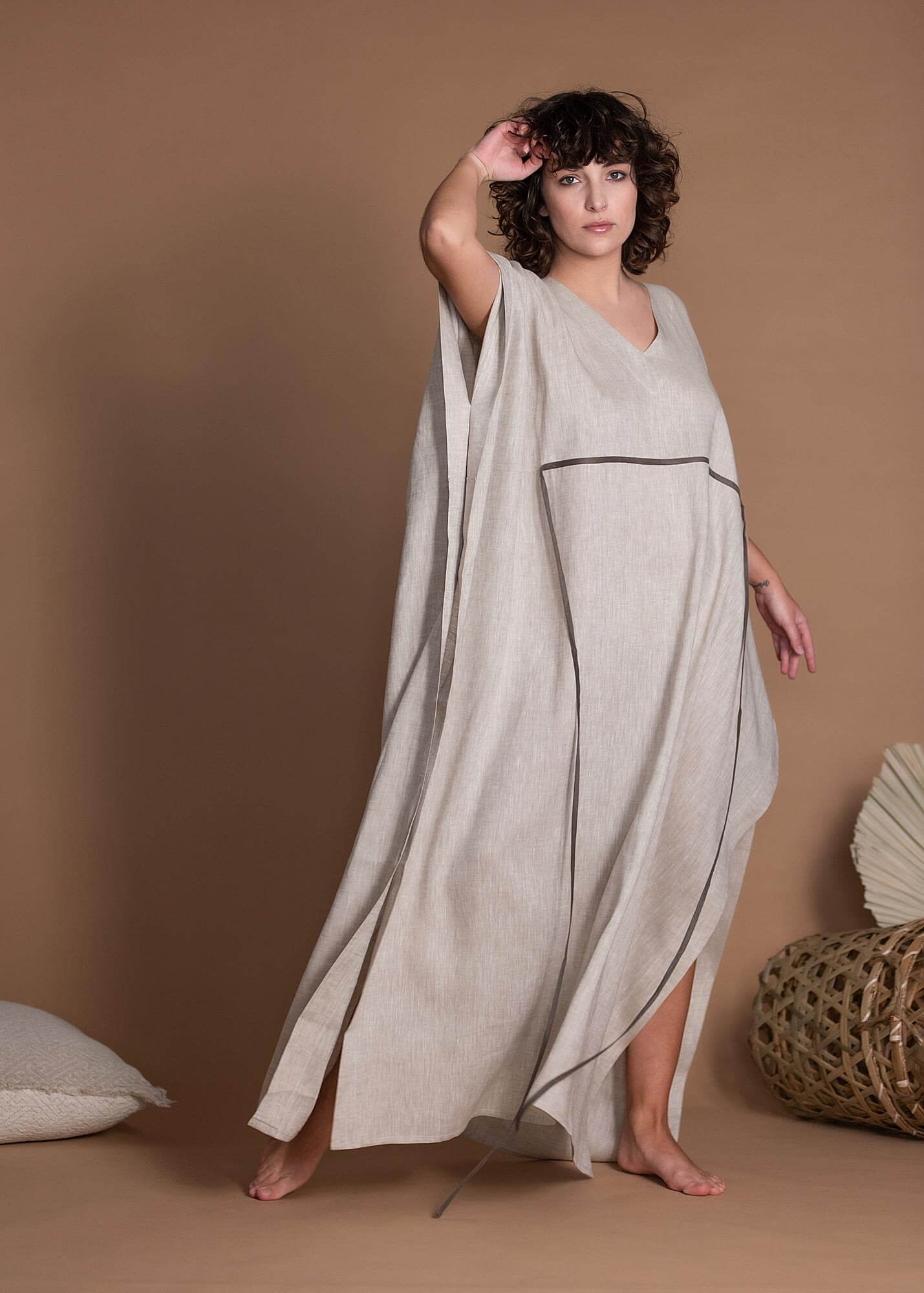 Light Natural Flax Straight Cut Loose Flax Dress With Side Slits