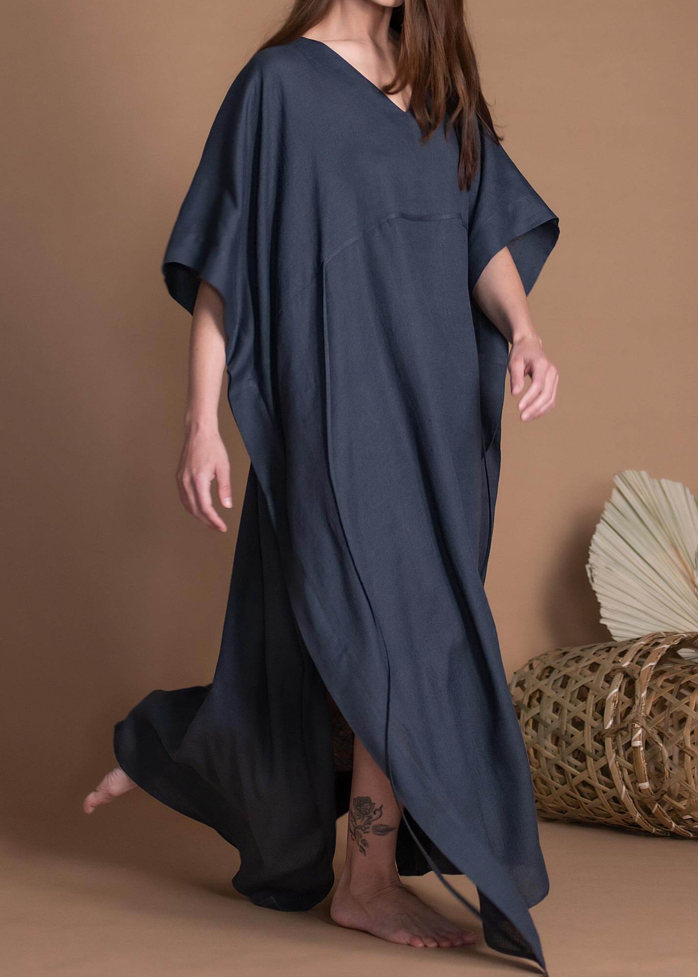Charcoal Gray Straight Cut Loose Flax Dress With Side Slits