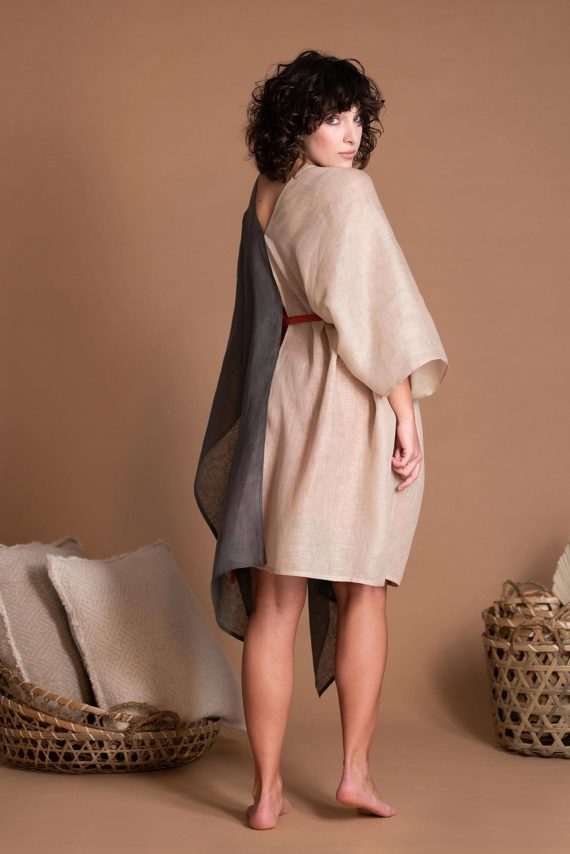Gray And Beige Gauze Oversize And Loose Fit Linen Cover Up With Wide Sleeves