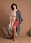 Gray And Beige Gauze Oversize And Loose Fit Linen Tunic With Wide Sleeves