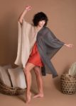 Gray And Beige Gauze Oversize And Loose Fit Flax Tunic With Wide Sleeves