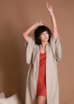Long Loose Fit Open Front Natural Flax Jacket Kimono With Wide Sleeves