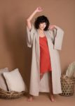 Long Loose Fit Open Front Linen Kimono Jacket With Wide Sleeves