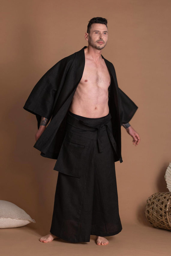 Oversize Black Open Front Linen Short Kimono Jacket For Men Or Women