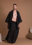Oversize Black Open Front Flax Short Kimono Jacket For Men Or Women