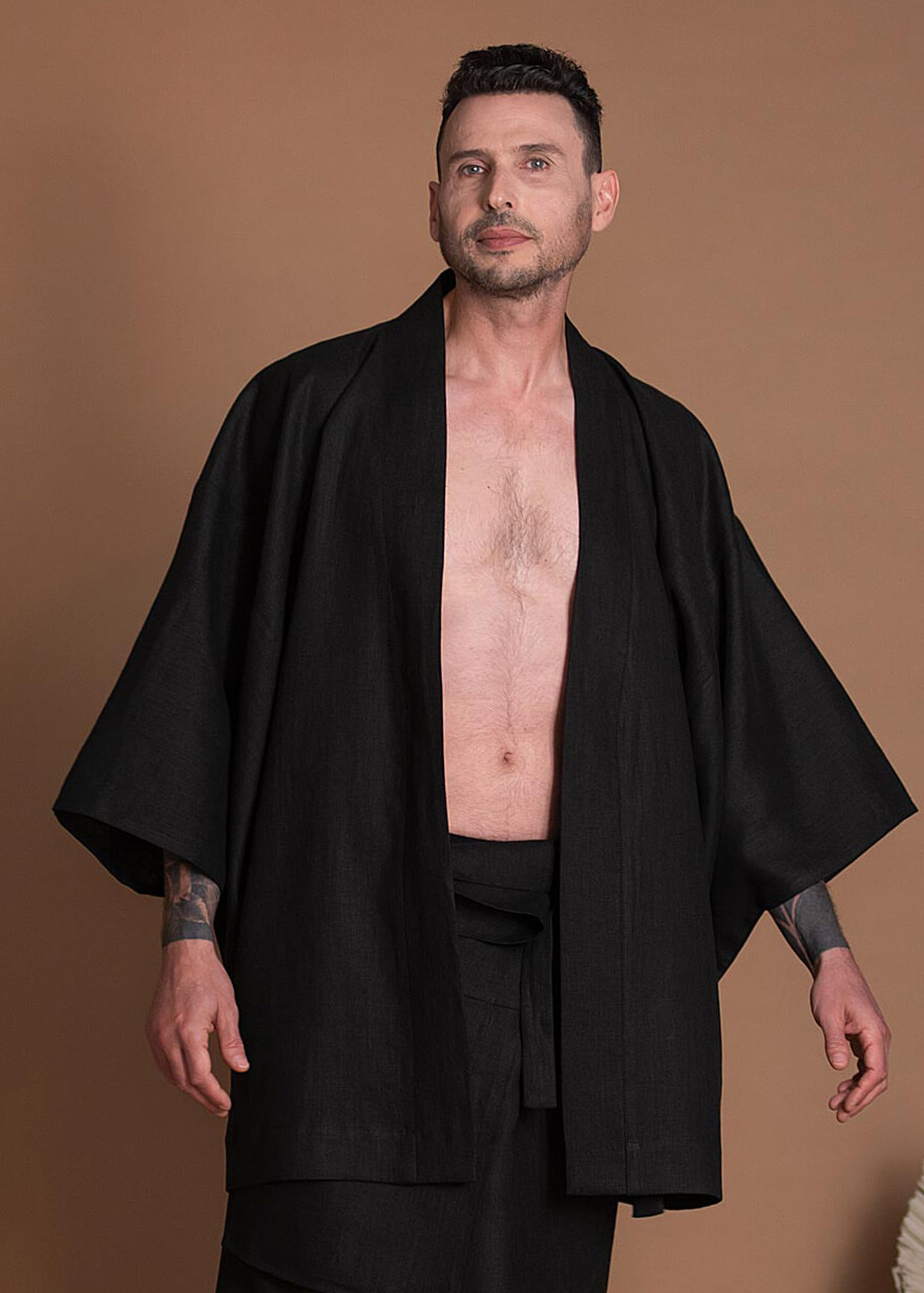 Oversize Black Open Front Short Linen Jacket Kimono For Men Or Women