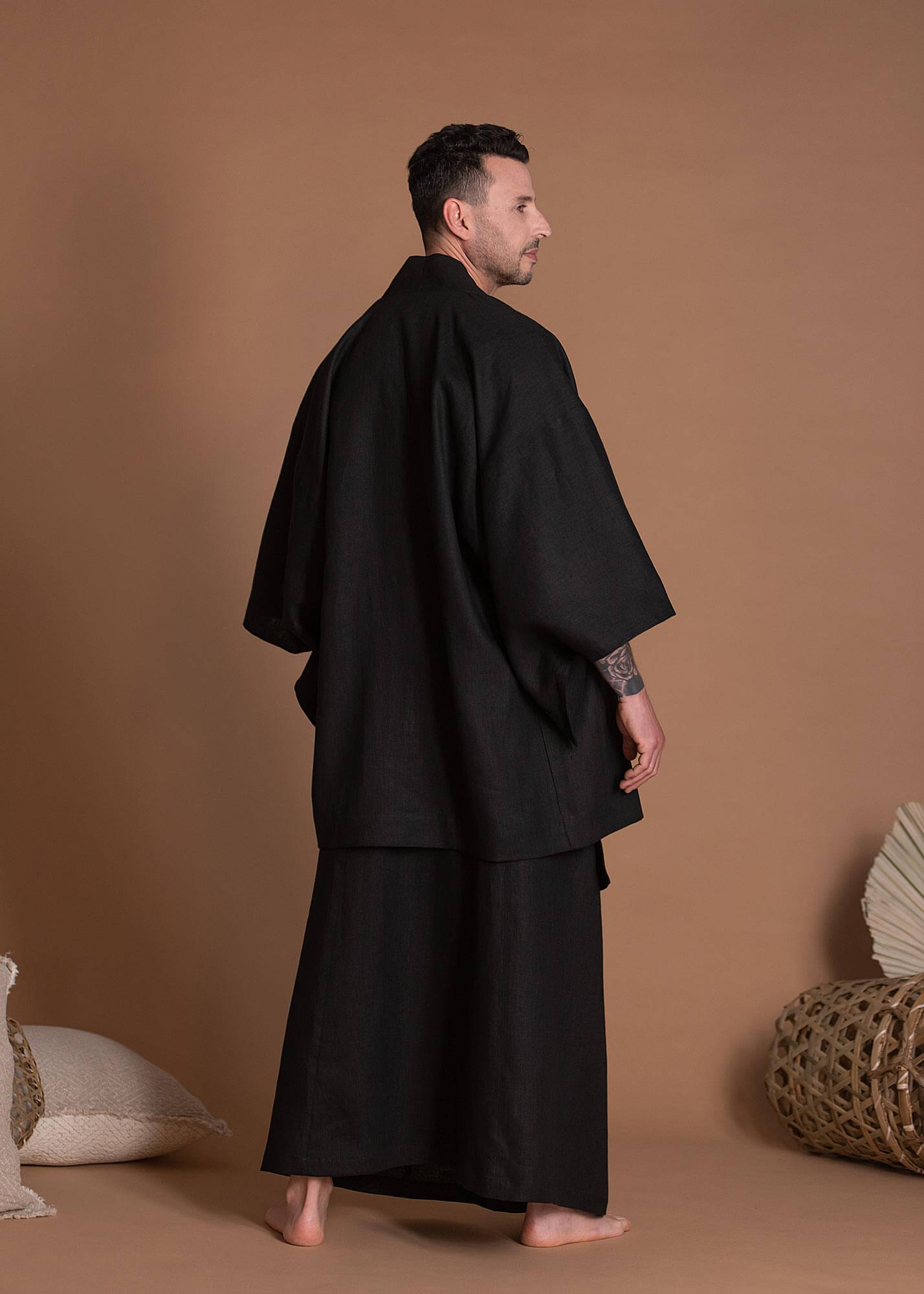 Oversize Black Open Front Short Flax Jacket Kimono For Men Or Women