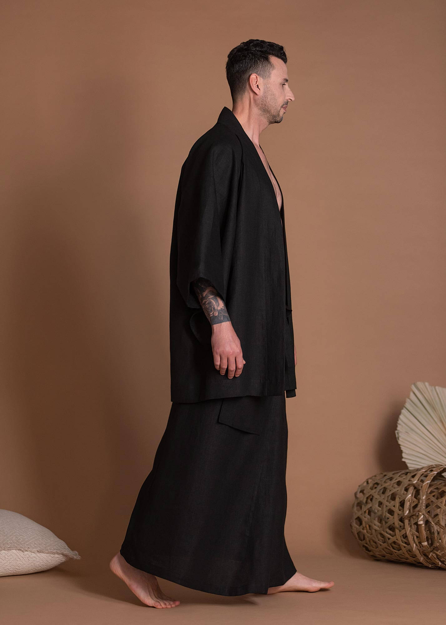 Oversize Black Open Front Short Flax Kimono Jacket For Men Or Women