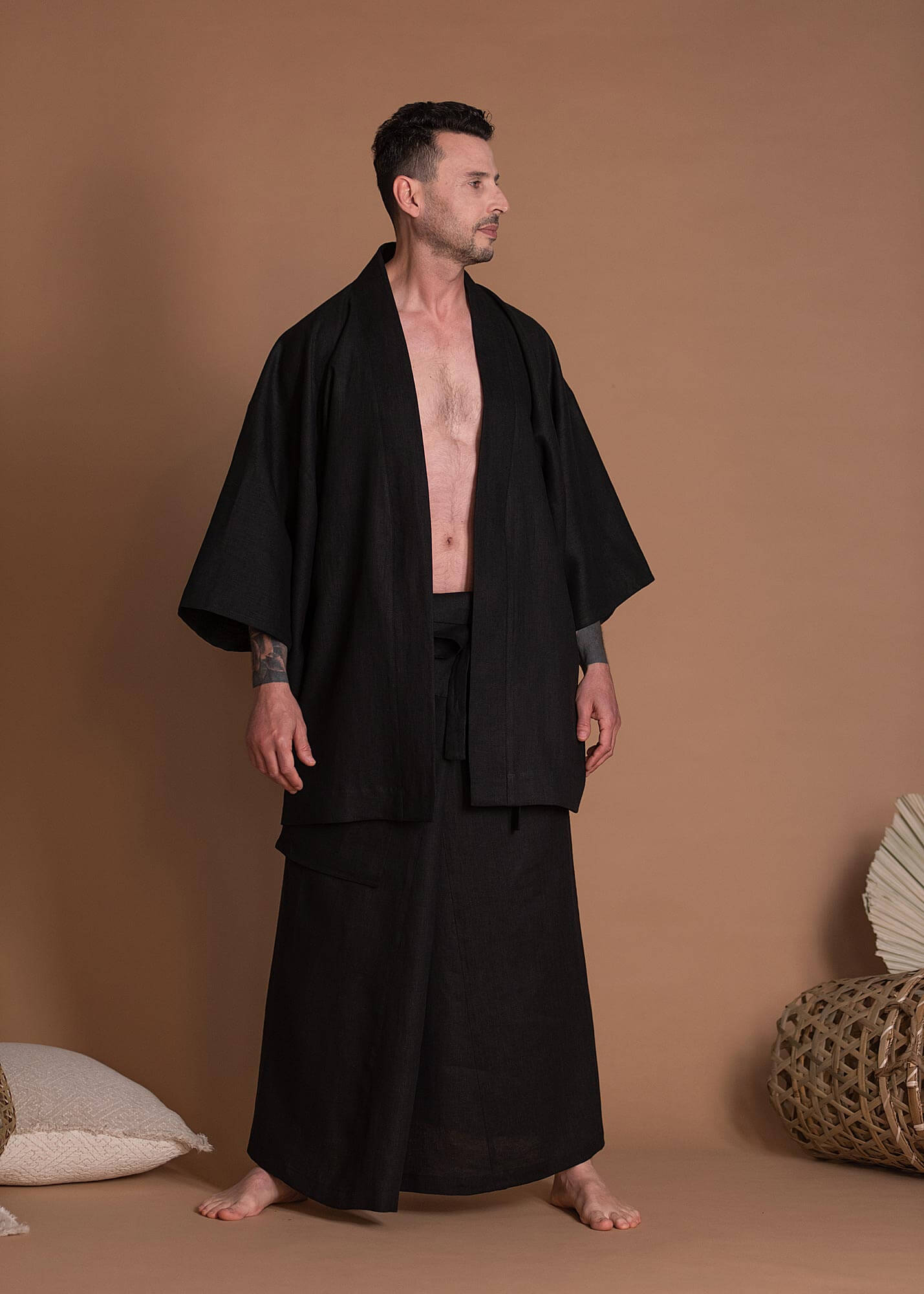Oversize Black Open Front Short Linen Kimono Jacket For Men Or Women