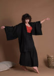 Black Oversize Open Front Linen Short Kimono Jacket With Wide Sleeves