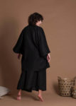 Black Oversize Open Front Short Linen Kimono Jacket With Wide Sleeves