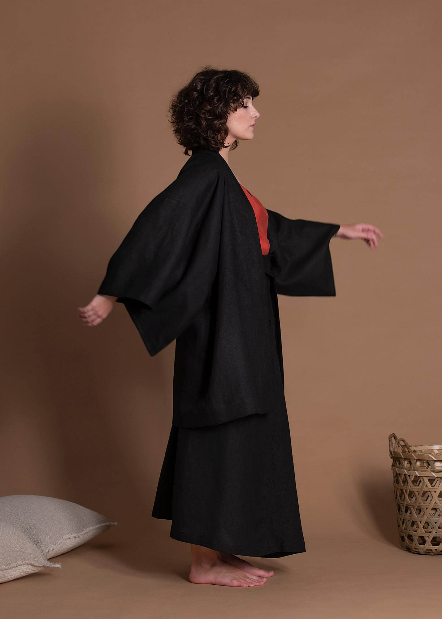 Black Oversize Open Front Short Flax Jacket Kimono With Wide Sleeves