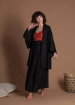Black Oversize Open Front Flax Short Jacket Kimono With Wide Sleeves