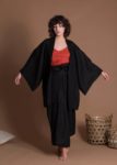 Black Oversize Open Front Linen Short Jacket Kimono With Wide Sleeves
