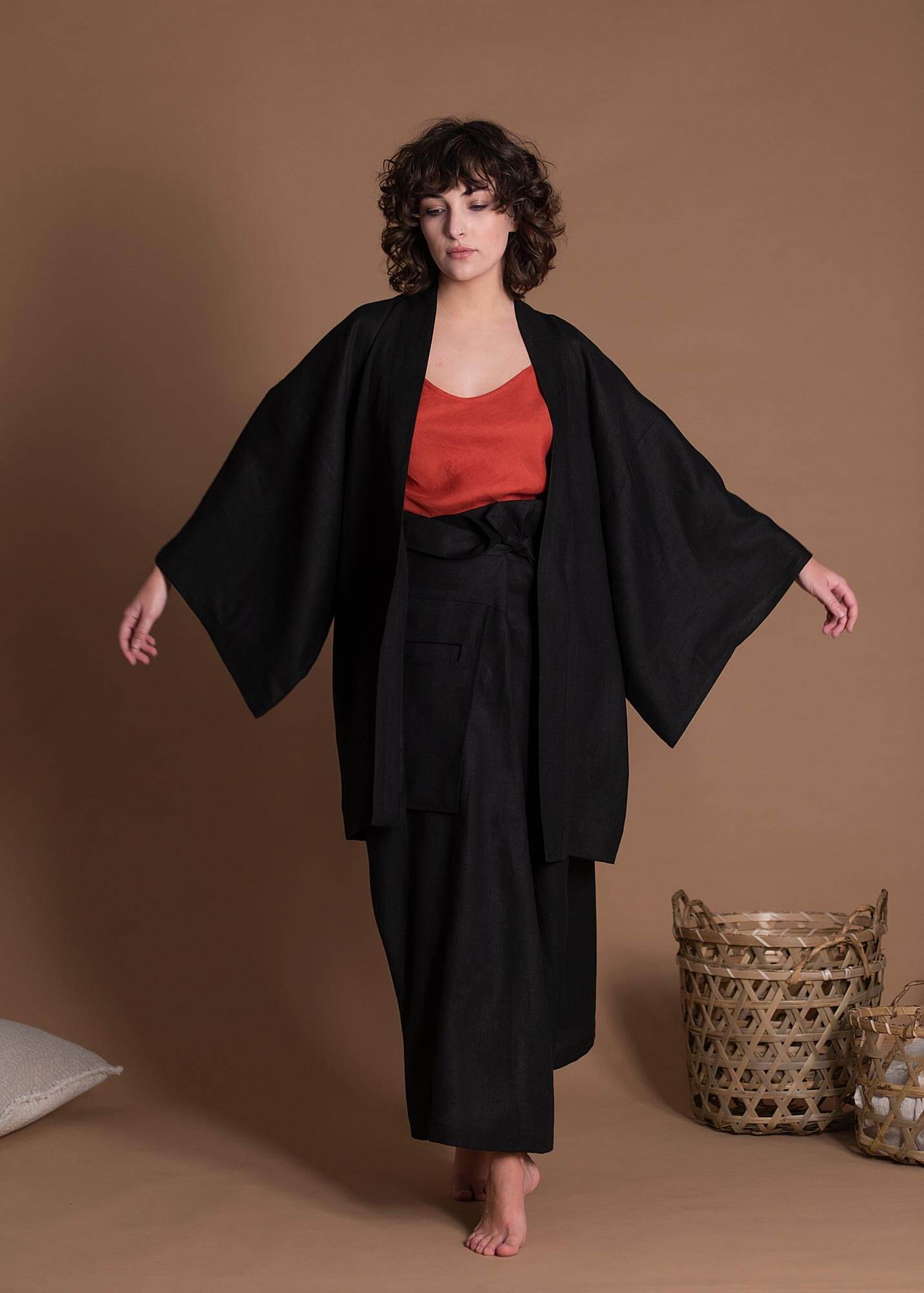 Black Oversize Open Front Linen Short Jacket Kimono With Wide Sleeves