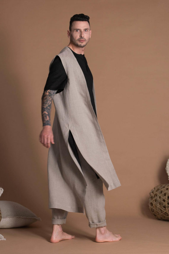 Asymmetric High Low Hem Linen Long Vest With High Side Slits For Men