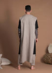 Back view of long linen vest for men – Minimalist design with a flowing silhouette.