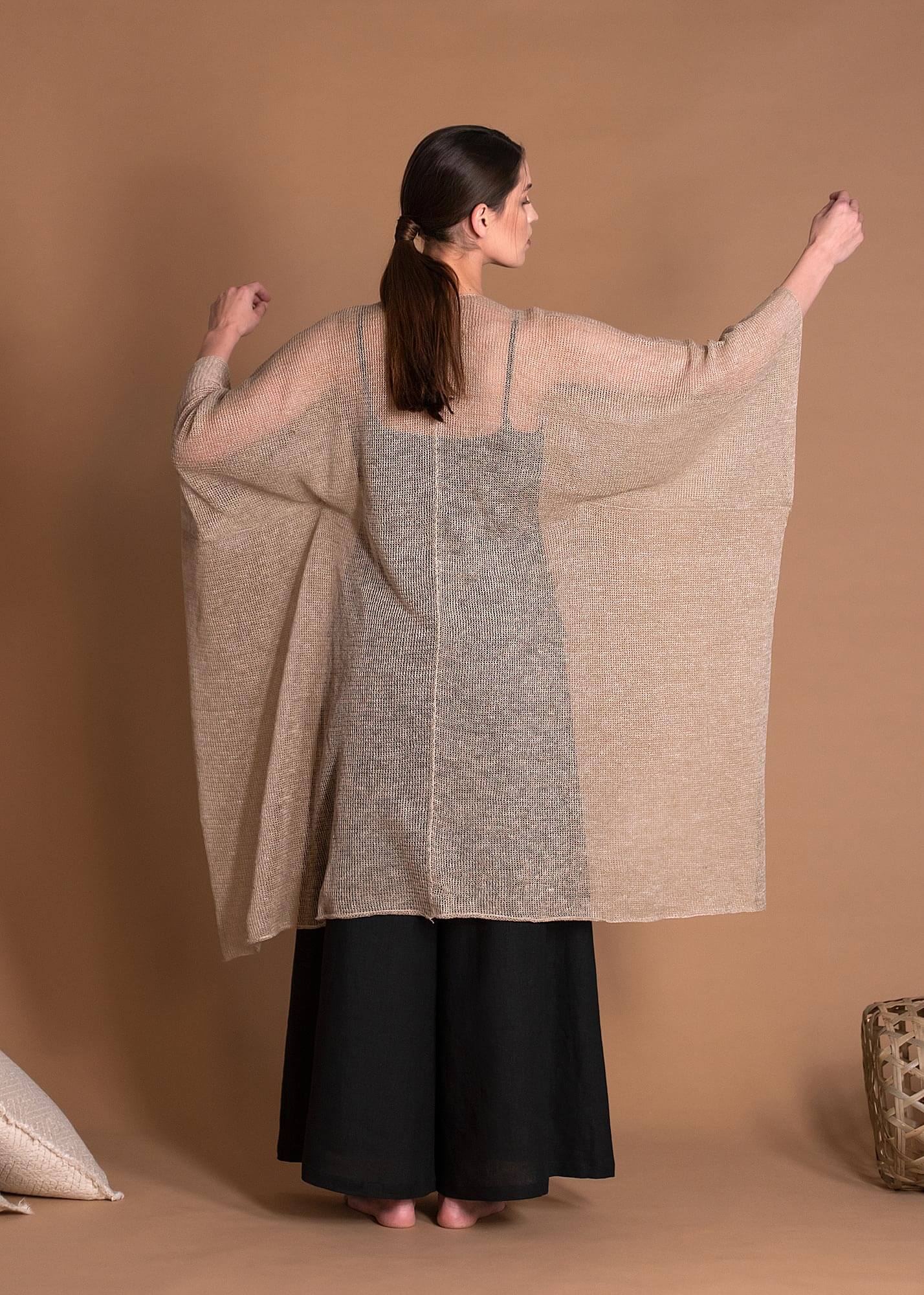 Knitted Natural Flax Cover Up With Wide Sleeves For Women
