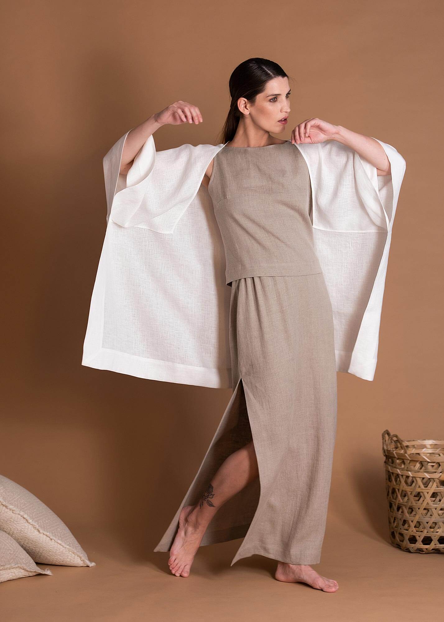 White Oversize Linen Bolero With Wide Sleeves For Women