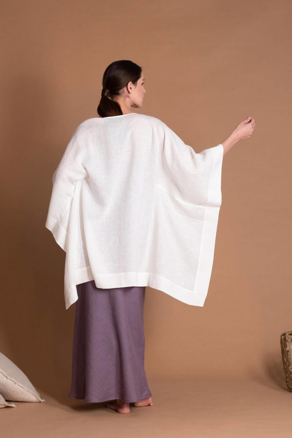 White Oversize Flax Cover Up With Wide Sleeves For Women