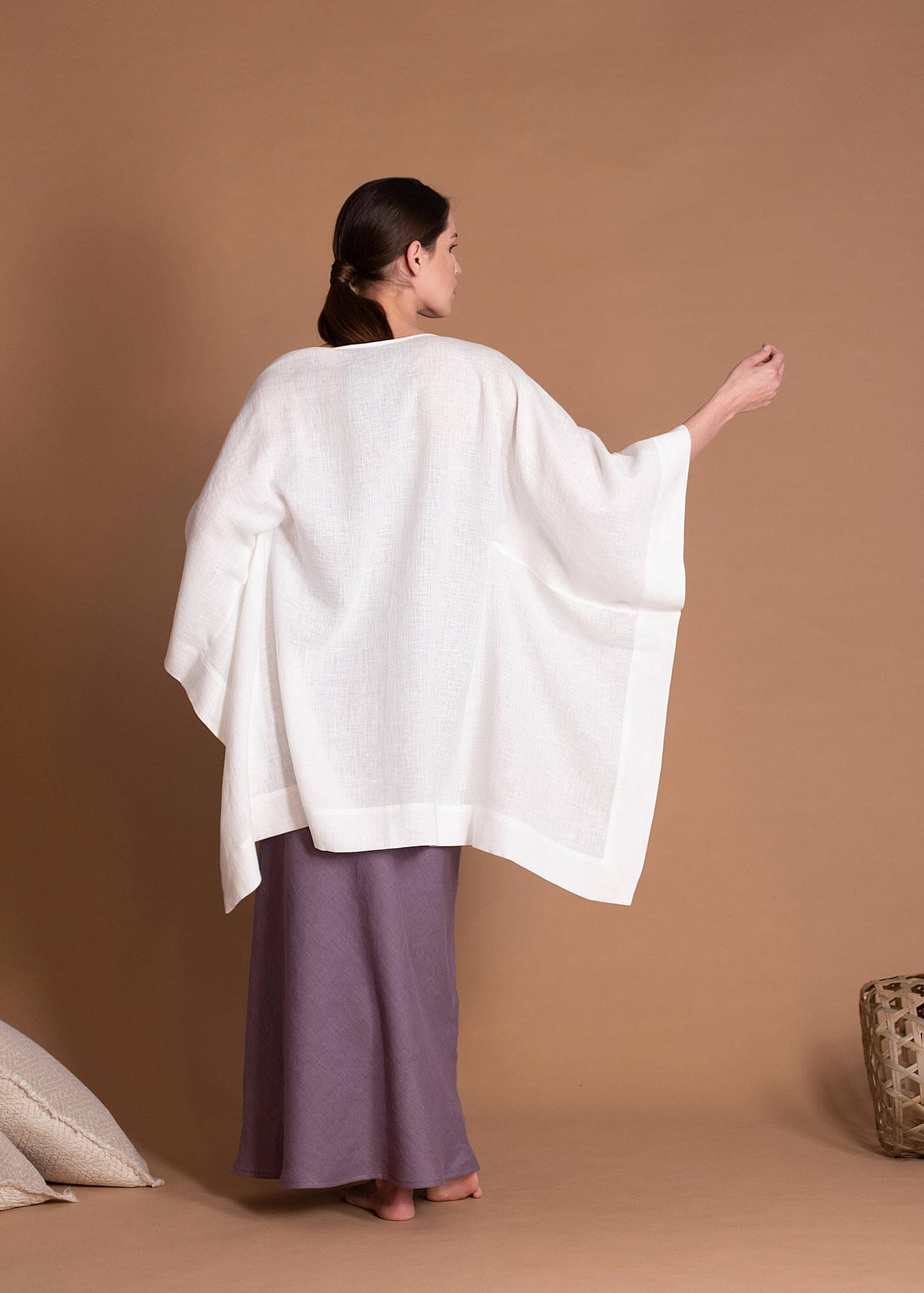 White Oversize Flax Cover Up With Wide Sleeves For Women