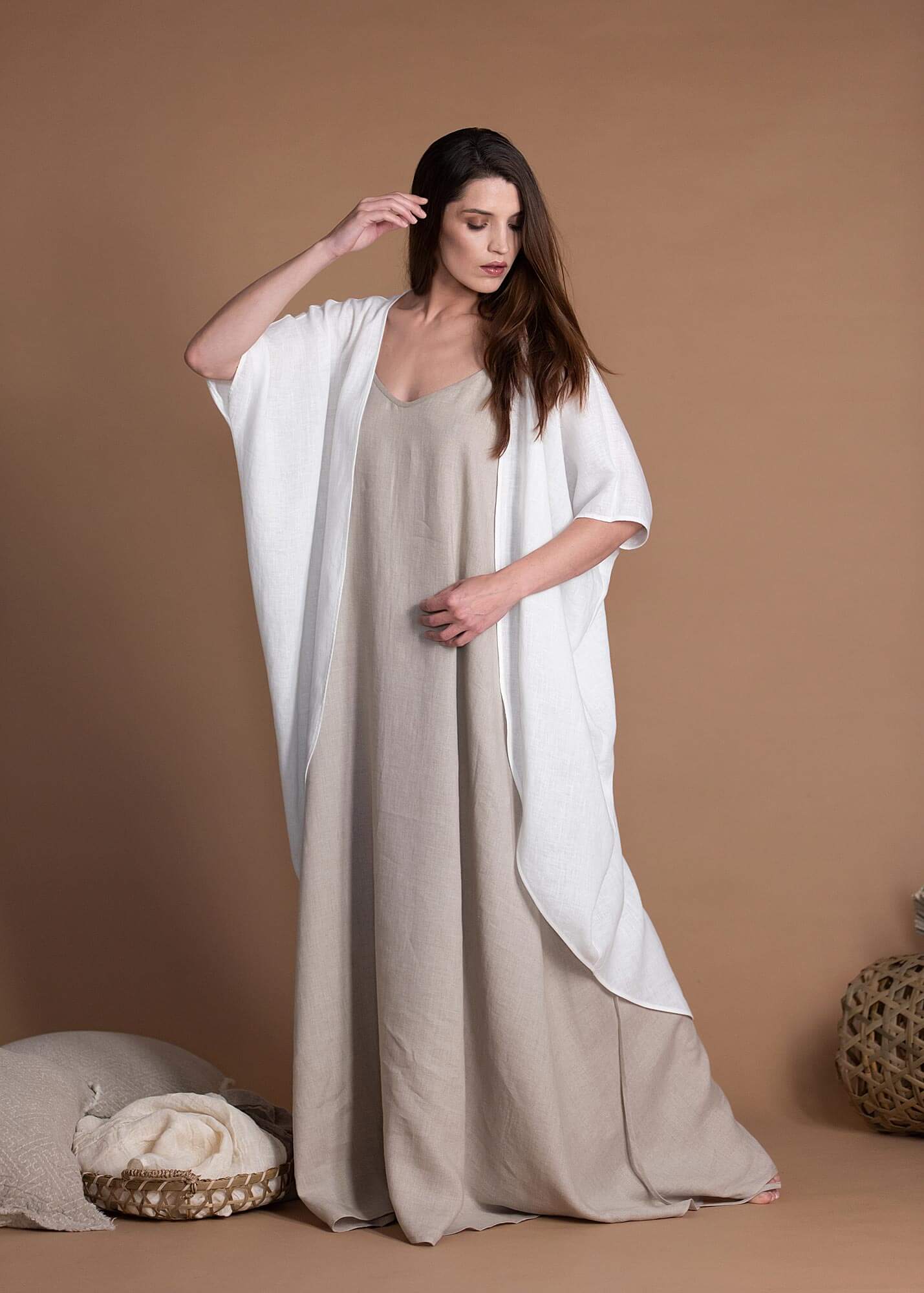 Loose Fitting Oversize White Linen Cardigan With Wide Sleeves