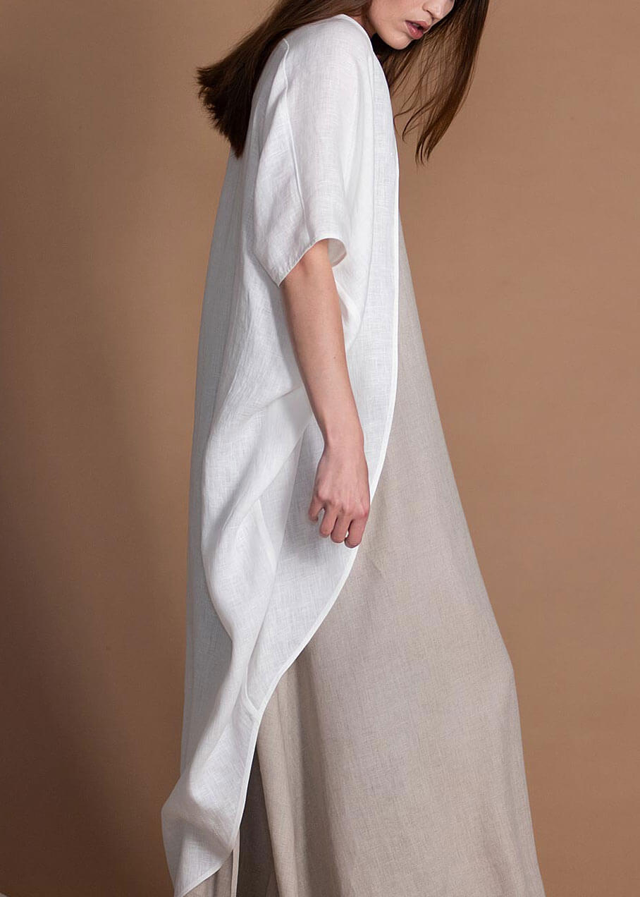White Loose Fitting Oversize Flax Cover Up Cardigan With Wide Sleeves