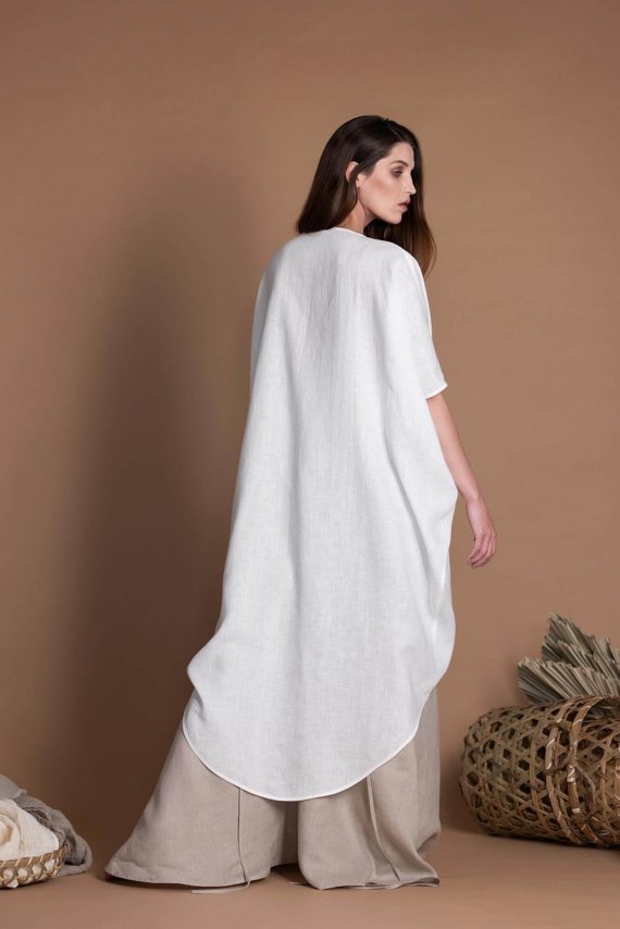 White Loose Fitting Oversize Linen Cover Up With Wide Sleeves