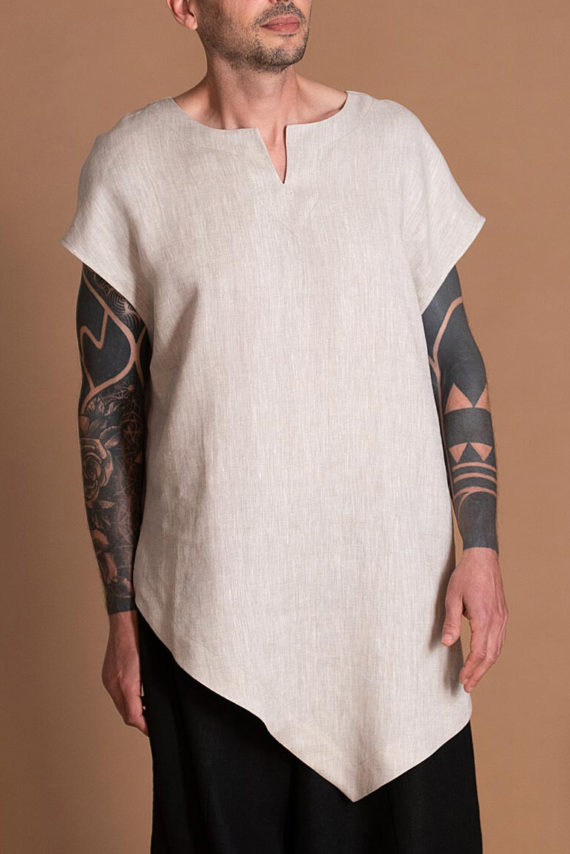 Oversize Asymmetric Linen Top Tunic With V Split Neckline And Drop Shoulder