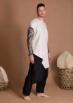 6️⃣ Model wearing a men’s avant-garde linen tunic with an asymmetrical hem