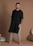 Regular Fit Men's Black Short Sleeves Linen Tunic Top With High Side Slits