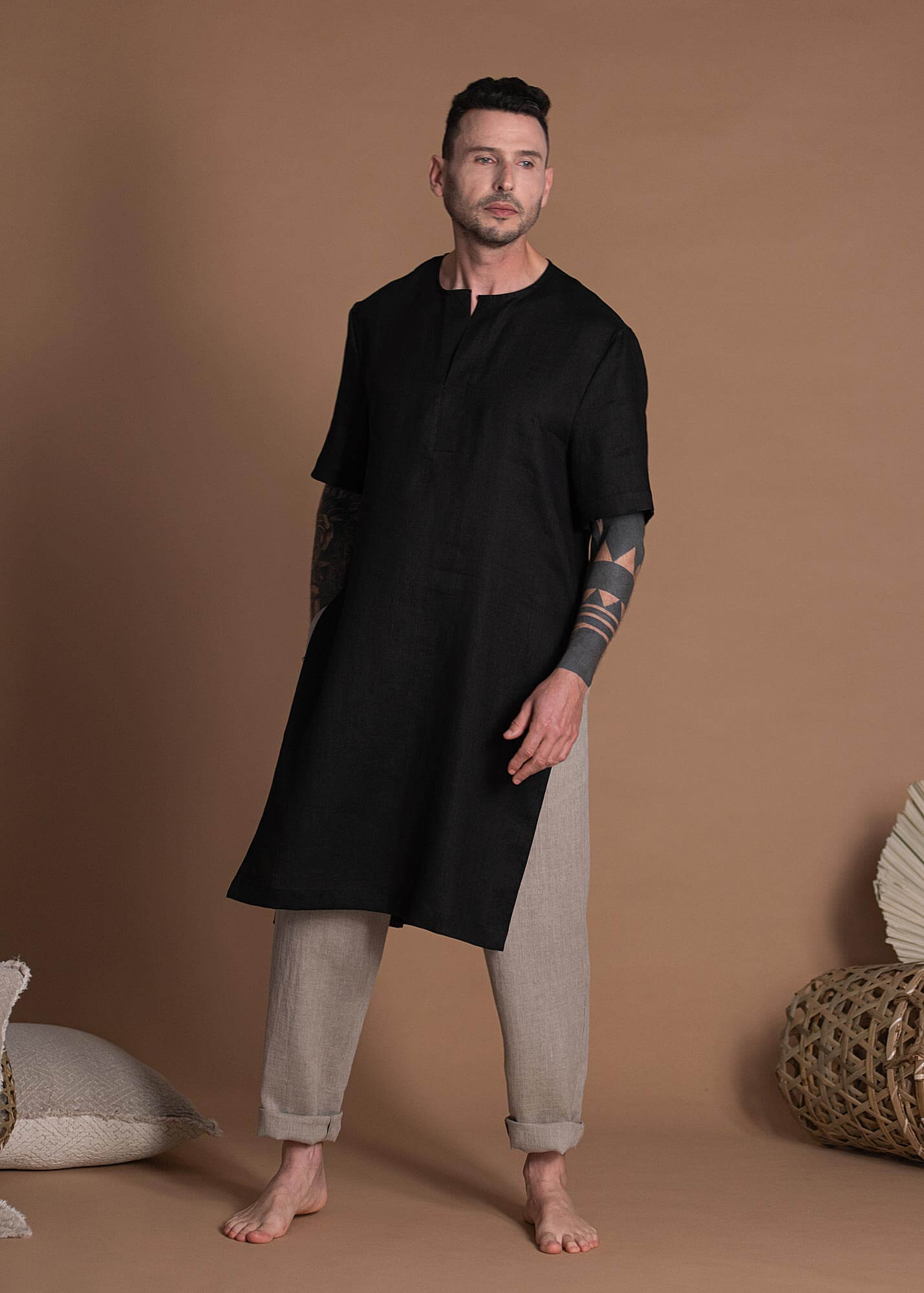 Black linen cheap tunic top