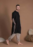 Black Regular Fit Men's Short Sleeves Linen Shirt With Split Neckline