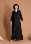 Black Linen Galabeya Dress With Sleeves And Medium Side Slits