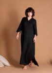 Black Linen Long Dress With Sleeves And Deep Side Pockets