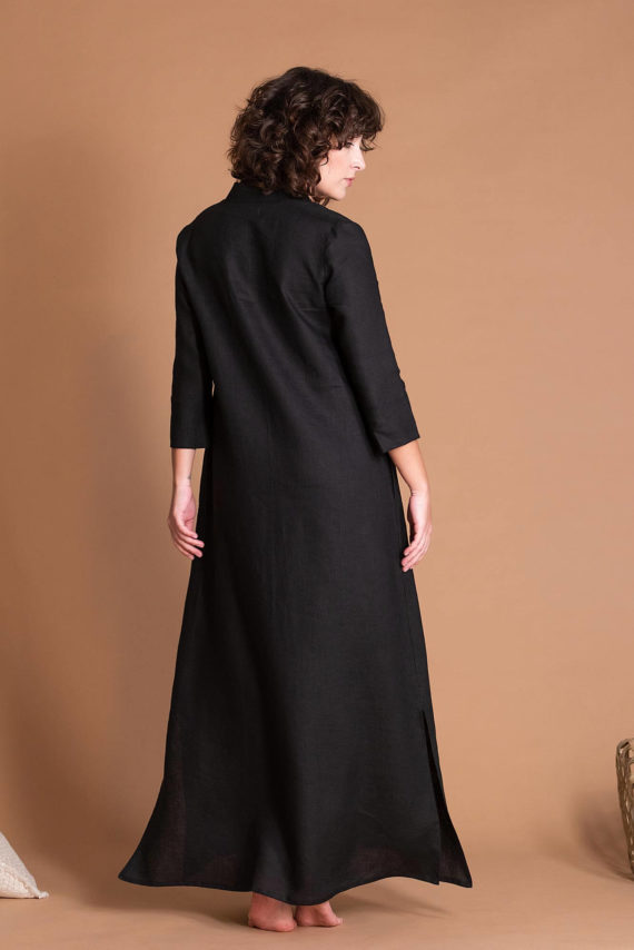 Black Flax Galabeya Dress With Sleeves And Medium Side Slits