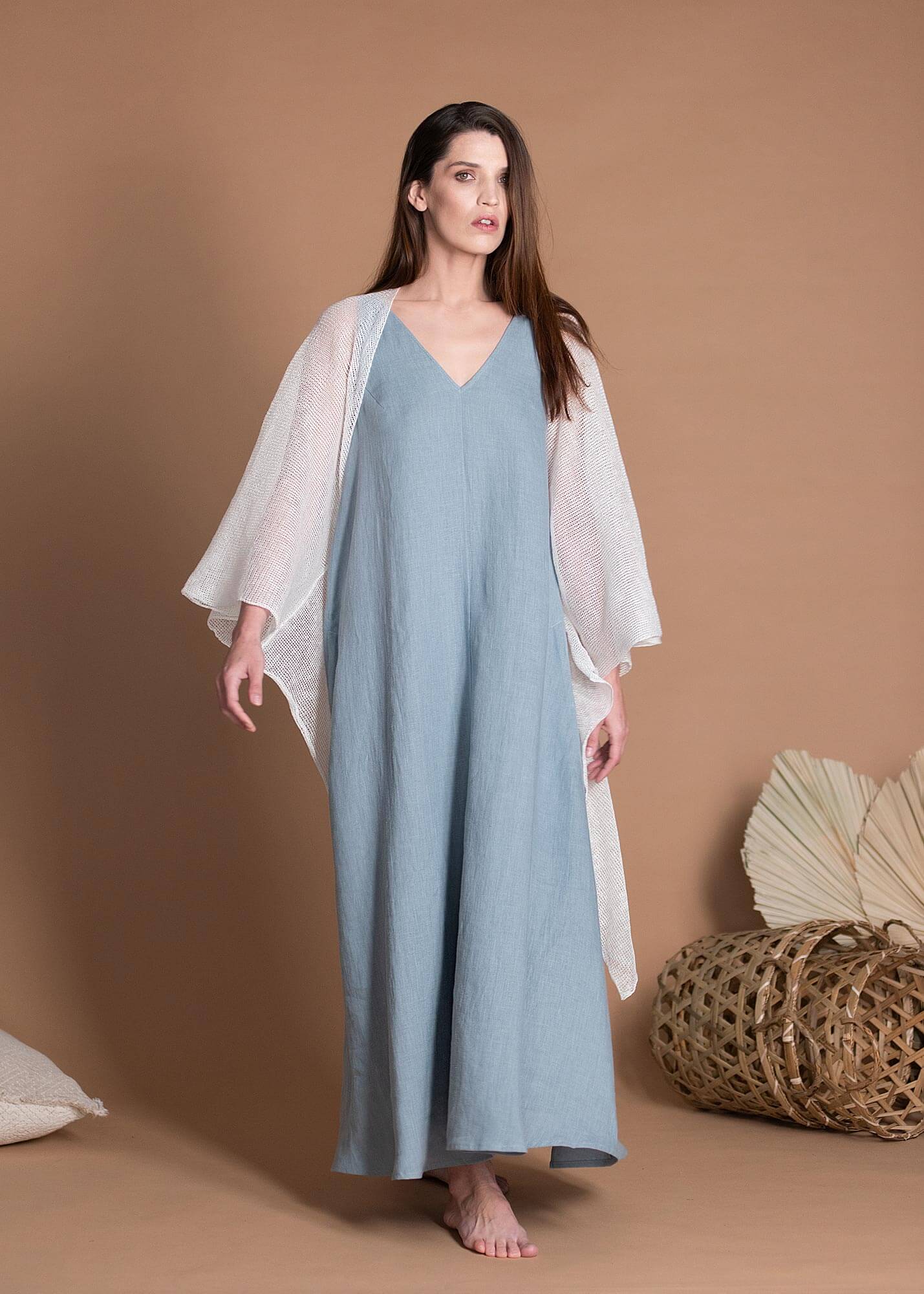 White Linen Knitted Cover Up With Wide Sleeves For Women