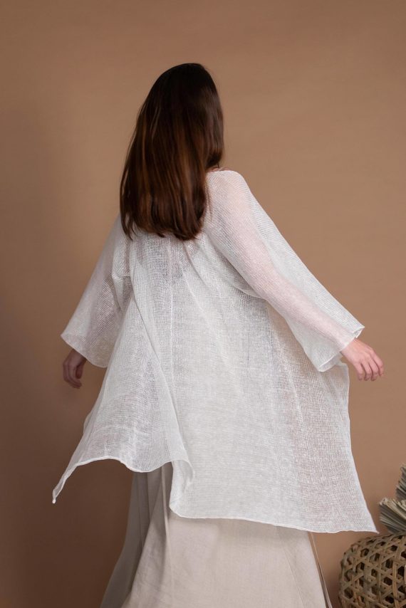 White Knitted Linen Bolero With Wide Sleeves For Women