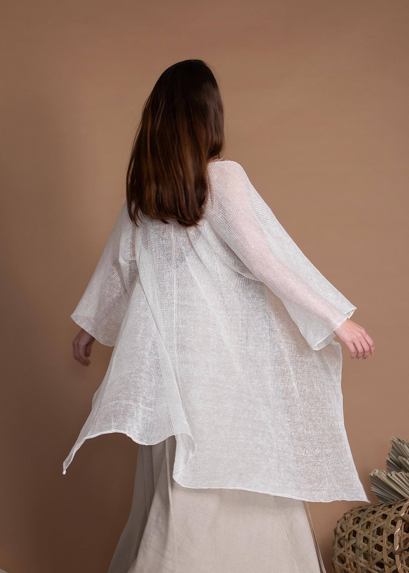 White Knitted Linen Bolero With Wide Sleeves For Women
