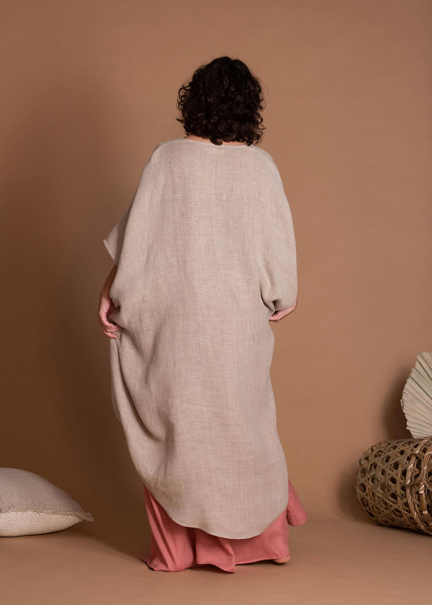 Oversize Natural Flax Cover Up With Wide Sleeves