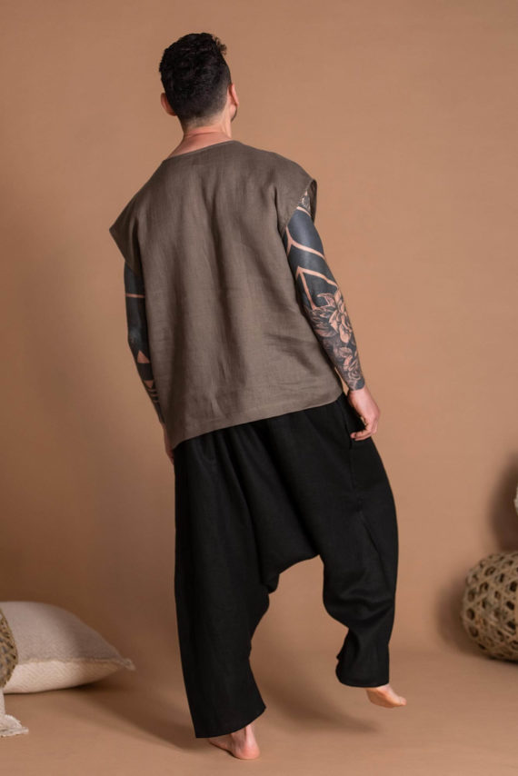 Black Gender Neutral Wear Linen Harem Pants With Deep Pockets