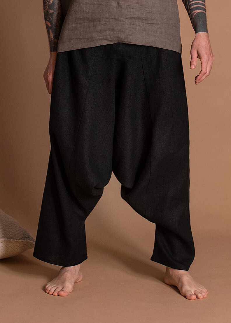 Black Wide Leg Flax Harem Pants With Deep Pockets For Men And Women