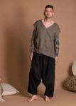 Black Wide Leg Linen Harem Pants With Deep Pockets For Men And Women