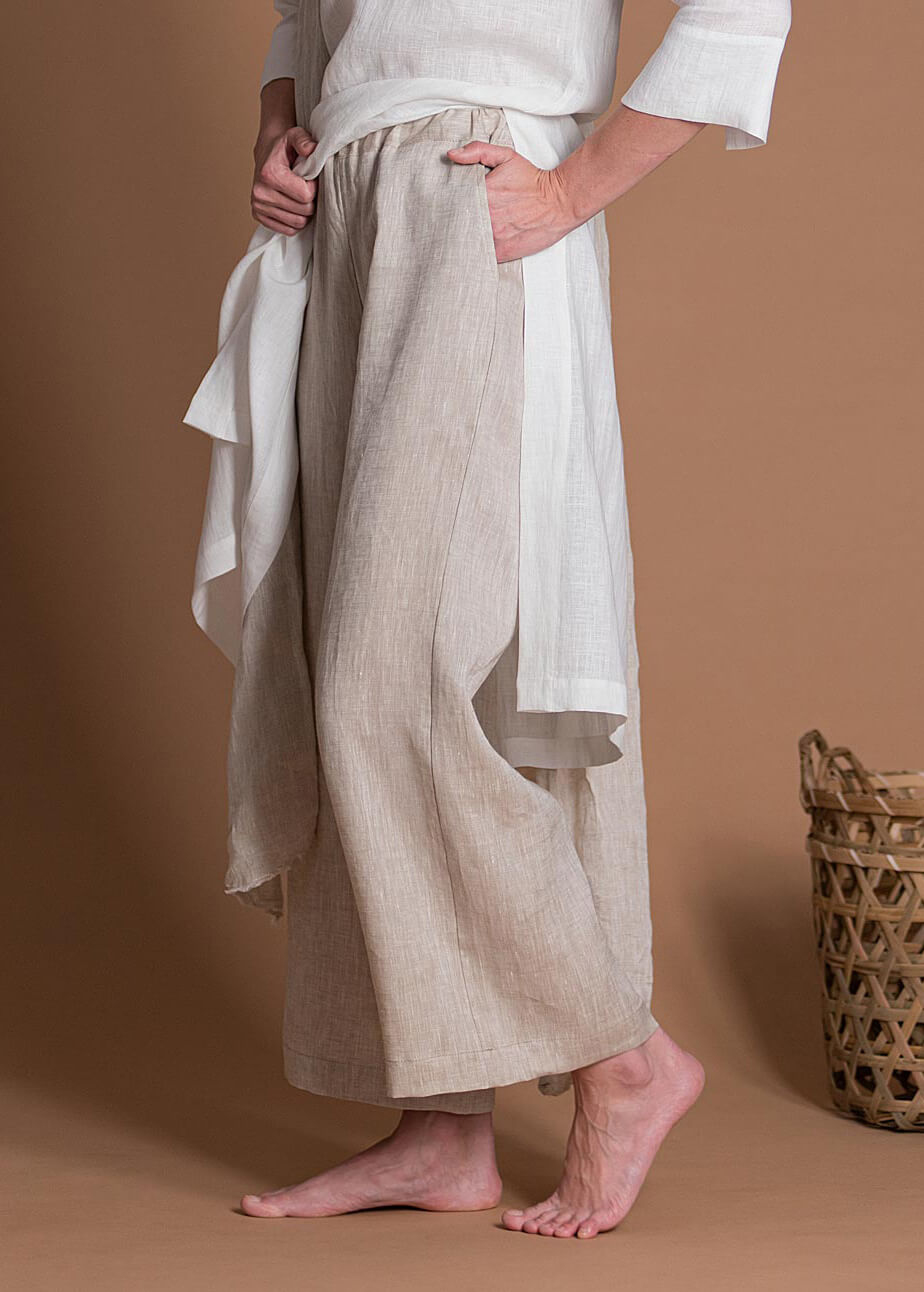 Wide Leg Cropped Linen Pants With Elastic Waist And Side Pockets For Women