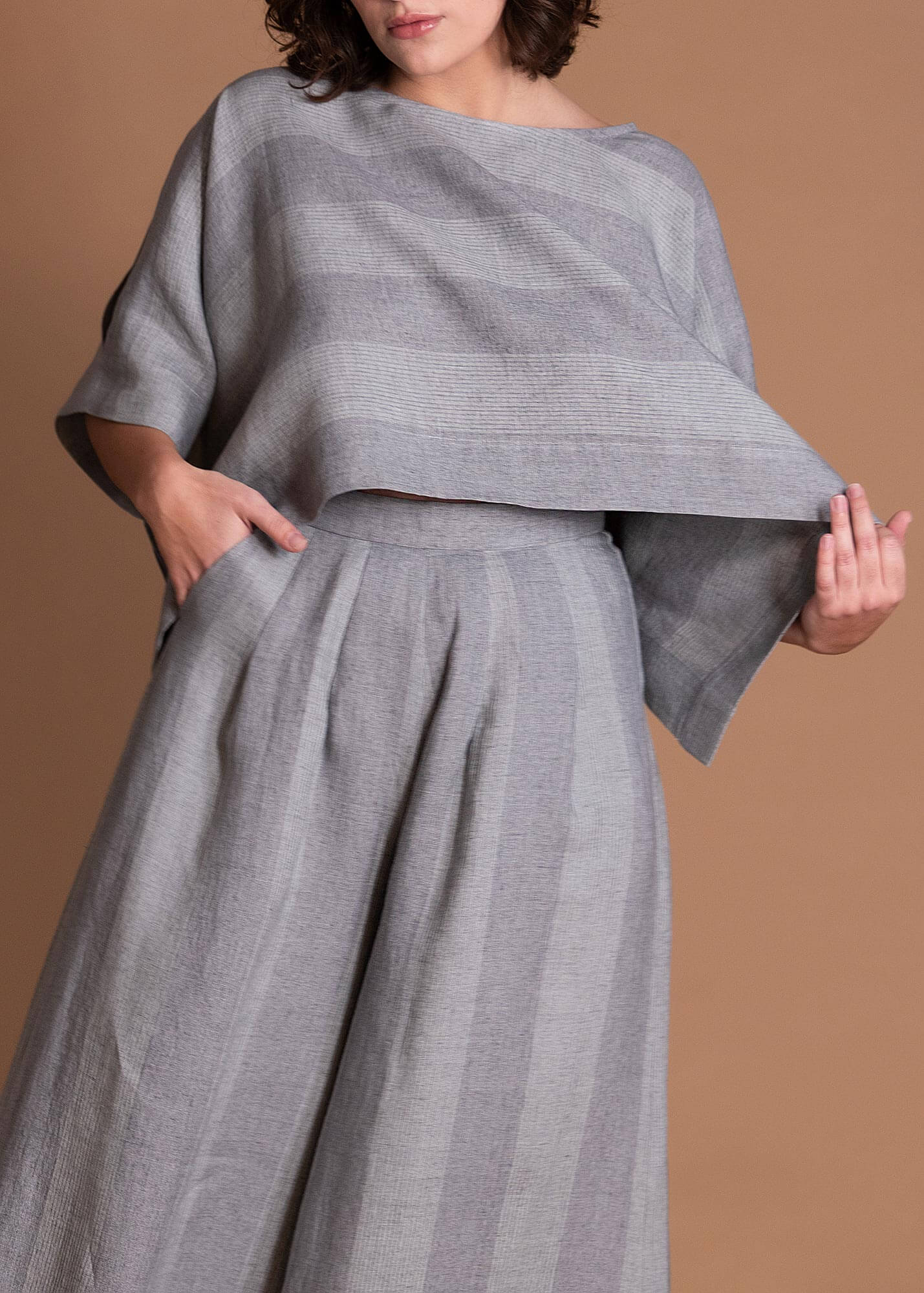 Gray Loose Fitting Maxi Linen Pants With Zipper And Pockets