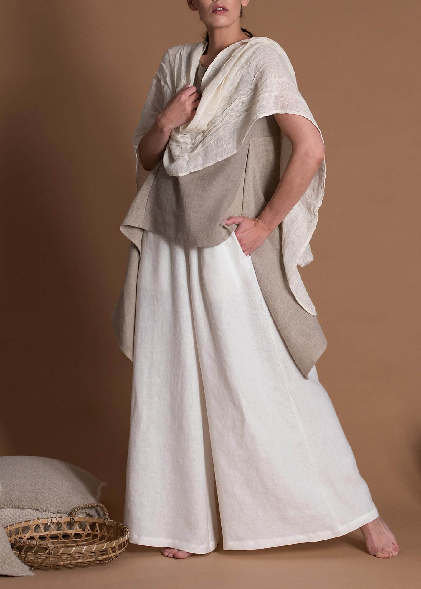 Soft Women's White Linen Palazzo Pants With Wide Elastic Waistband