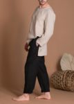 Elastic Waist Tapered Black Linen Pants For Men With Pockets