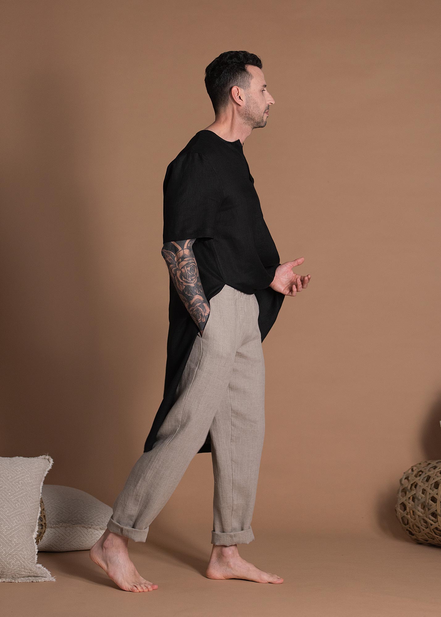 Regular Fit Elastic Waist Natural Flax Pants For Men With Pockets